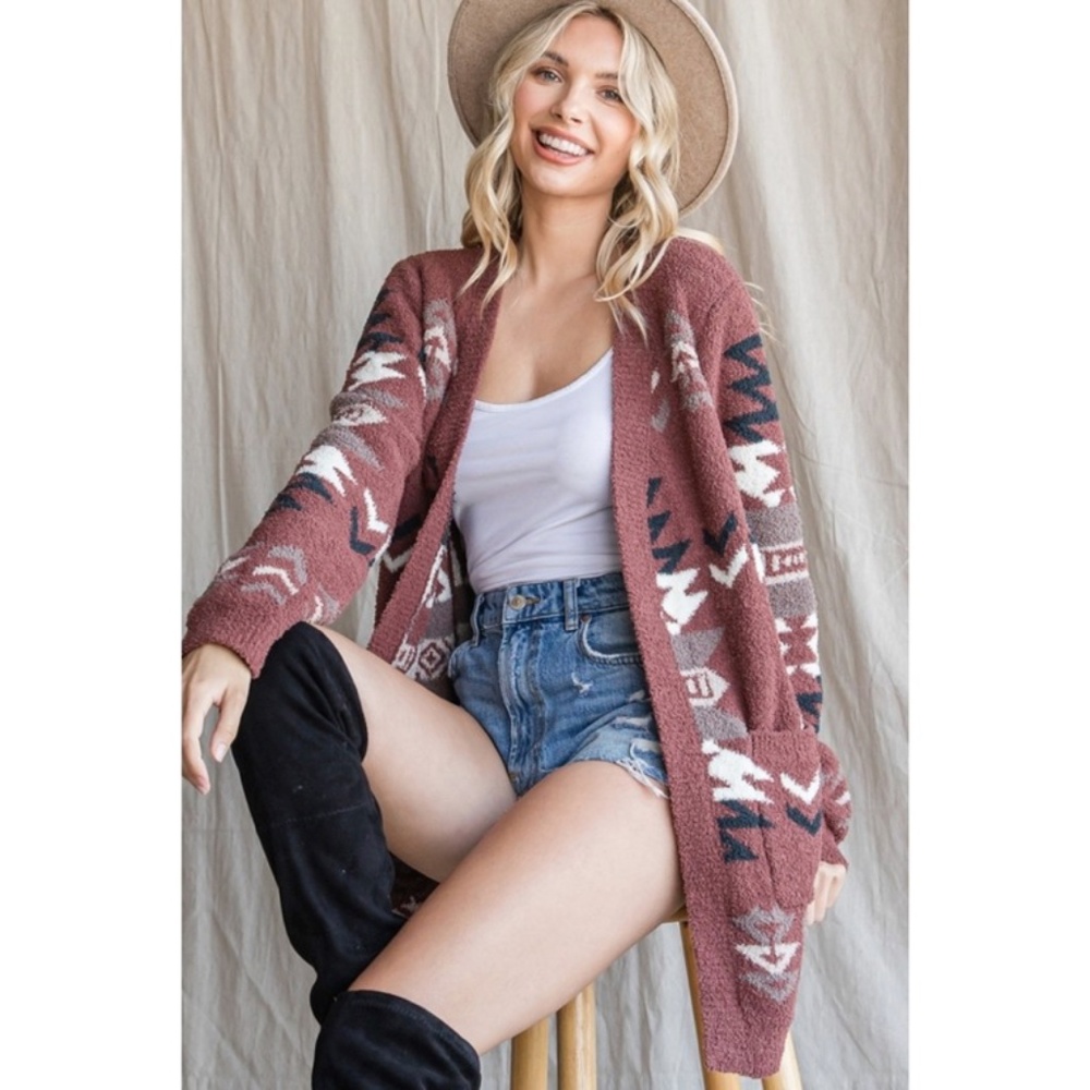 SOLD OUT Brick Fuzzy Blanket Aztec Tribal Native Western Boho Open Cardigan - Picture 2 of 7